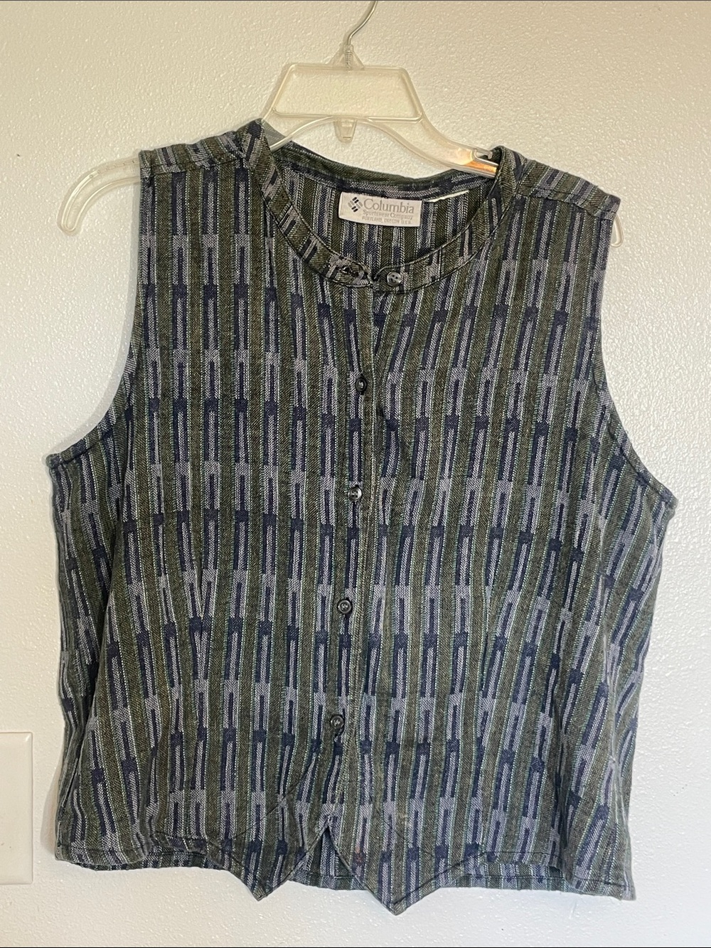 Columbia Olive and Gray Striped Sleeveless Button-Down Top
